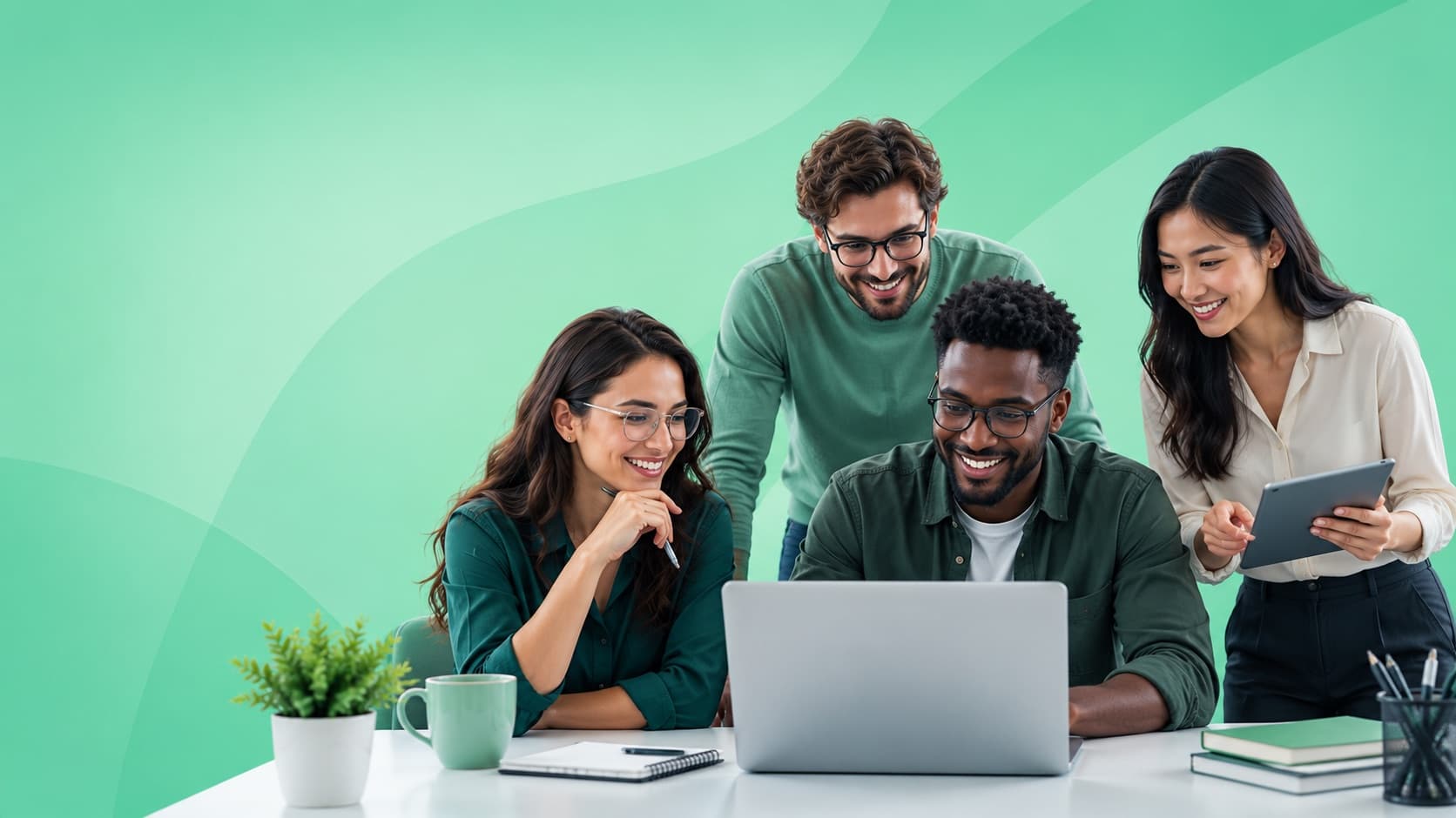 A small service-business team gathered around a laptop, reviewing their pipeline together